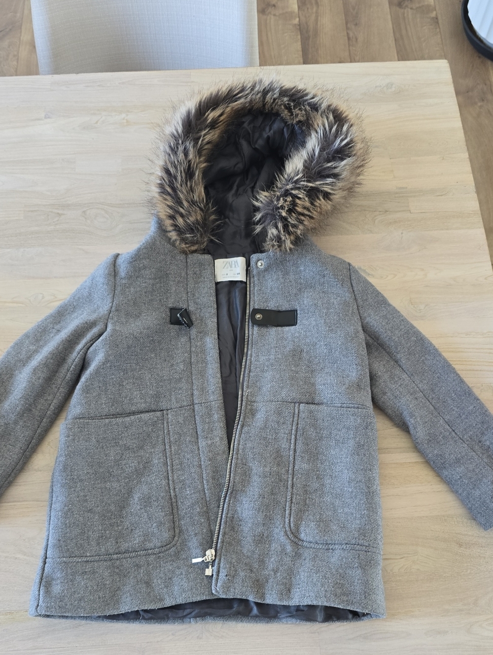 Zara Kids Gray Hooded Pea Coat with Faux Fur Trim